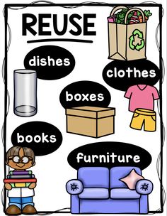 a poster with the words reuse, dishes, clothes, boxes, and furniture