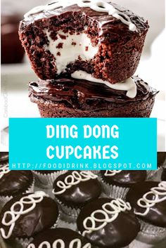 chocolate cupcakes with white frosting on top and the words ding dong cupcakes above them