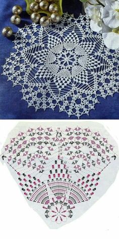 two pictures of doily with flowers and balls on the table next to each other