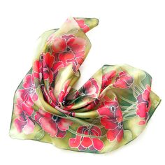 Poppy silk scarf is a striking hand painted square scarves made with natural silk. Featuring a beautiful group of poppies on a green background, this versatile scarf is both romantic and elegant. Size: -22 x 22 in ( 55 x 55 cm) IN THE PICTURES -34 by 34 in (88 by 88 cm) Silk: 100% natural Habotai Light (delicate, semi - transparent and a bit glossy) Delicate yet eye-catching, this beautiful silk scarves is perfect gift for every woman. Flowers are stylized in Art-Nouveau style. Great gift for Mo Green Floral Print Scarves As Gift, Green Floral Print Scarf For Gift, Artistic Green Silk Scarf With Floral Print, Painted Silk Scarves, Silk Scarfs, Scarf Square, Silk Gifts, Beach Wrap, Hand Painted Silk Scarf