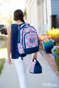 "Get them ready for back to school with our adorable and functional backpacks. Equipped with plenty of pockets, comfortable padding, and sturdy,dual-zipper closures. Complimentary personalization of a name, single initial, or monogram to create a look that is uniquely their own! ITEM DESCRIPTION & DETAILS 12\" L x 5\" W x 17\" H Polyester Adjustable Comfort Fit Shoulder Straps Padded Tablet/Laptop Compartment Inside Lining 3 Main Compartments with Multiple Pockets Exterior Elastic Pocket, Pe Pink Tile, Navy Girl, Monogram Backpack, Girls Backpack, Cat Embroidery, Backpack Free, Personalized Backpack, Lunch Tote, Book Bag