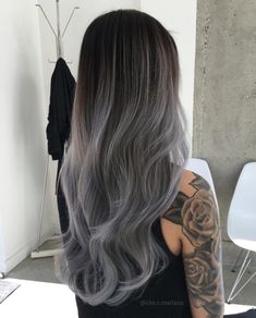 Grey Balayage, Hair Color Ideas For Brunettes Balayage, Brown Ombre Hair Color, Silver Ombre Hair, Long Grey Hair, Balayage Lob