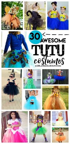 several different pictures with the words 30 awesome tutu costumes on them and an image of children