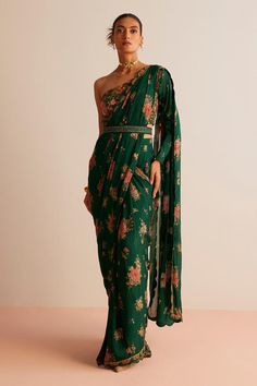 Bottle green pre-draped saree with floral print and scallop embroidered border. Paired with one shoulder-printed padded blouse and belt. - Aza Fashions Draped Saree, Floral Print Sarees, Green Floral Blouse, Saree Floral, Set Saree, Padded Blouse, Drape Saree, Embroidered Border, Saree Trends