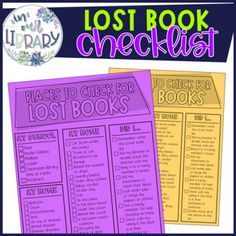 the lost book checklist is shown in purple and yellow