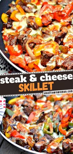 steak and cheese skillet is shown in two different pans with the same topping