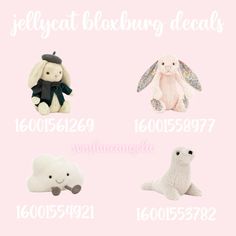 four different stuffed animals on a pink background with the words jellycat blobburg deads