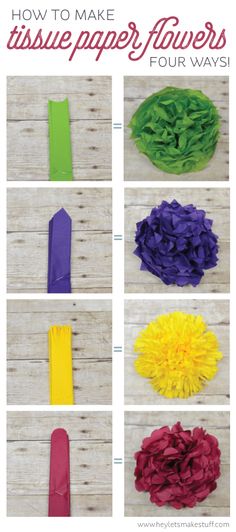 how to make tissue paper flowers with the instructions for making them in different colors and sizes