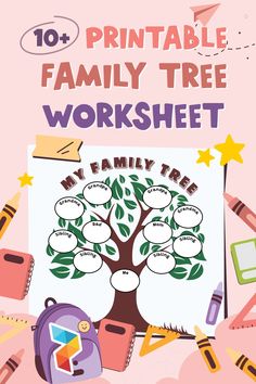 the family tree worksheet is shown with crayons and pencils around it