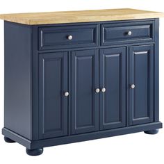 a blue kitchen island with wooden top