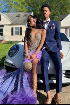 Crystals Purple Sequin Mermaid High Slit Crafted Prom Dress Purple Prom Dress Couple, Prom Dress Couple, Crystals Purple, Dramatic Dresses, Mermaid High, Ombre Purple, Prom Inspiration, Prom Couples, Prom Date