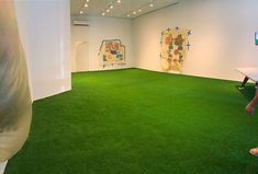 a room with fake grass in the middle and paintings on the walls