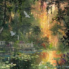 a painting of water lilies and swans in a forest