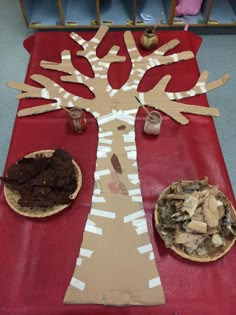 a paper plate tree on a red table cloth