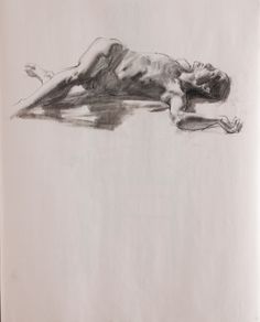 a black and white drawing of a woman laying on the ground with her head down