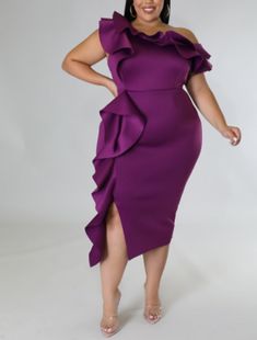 Stretch dress U neckline Short sleeves Ruffles Slit Zipper closure 96% polyester 4% spandex Hand wash cold Model is wearing a 2X True to size Purple Plus Size Dresses, Plus Size Sheath Dress, Off One Shoulder Dress, Boutique Couture, Plus Size Party Dresses, Party Dresses Online, Dress 2024, Midi Dress Party, Holiday Dress