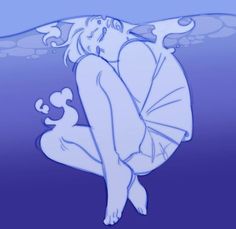 a drawing of a woman floating in the water with her head down and eyes closed