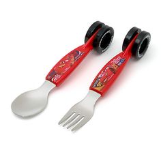 two plastic utensils with black handles and red rims, one has a fork and the other has a spoon