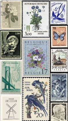 stamps with different designs on them and some flowers in the middle one is blue, green,