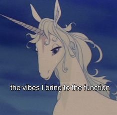 an animated unicorn with the caption'the vibes i bring to the function '