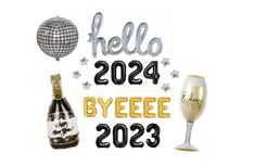 some balloons and confetti are in the shape of letters that read hello 2054 byeee 2033