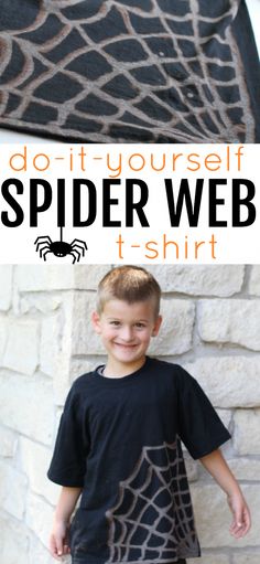 a young boy standing in front of a spider web t - shirt with the words do it yourself on it