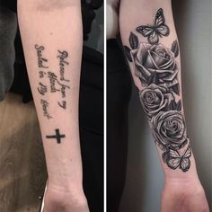 two tattoos with roses and butterflies on both arms, one has a cross in the middle