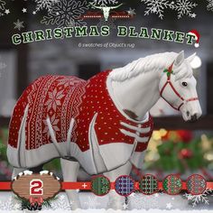 a white horse wearing a red sweater in front of snowflakes