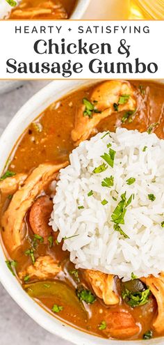 chicken and sausage gumbo in a white bowl with rice on the side, garnished with parsley