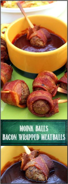 bacon wrapped meatballs on skewers in a yellow bowl with text overlay reading monk balls bacon wrapped meatballs