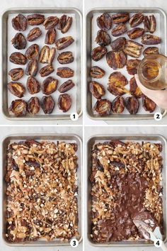 four pictures showing how to make chocolate peanut butter granola bars with almonds and pecans