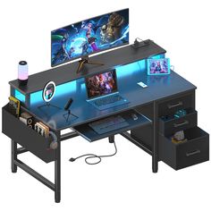 a computer desk with two monitors and a keyboard