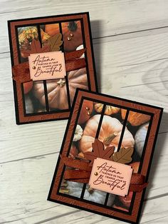 two cards that have been made with the fall leaves and pumpkins stamp set on them