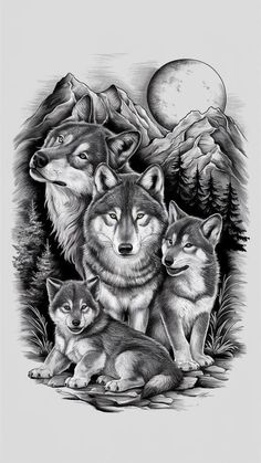 three wolfs and their cubs in front of a mountain range with the moon above them