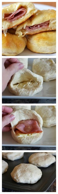 the process of making breads with ham and cheese on them is shown in three different stages