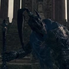 a demonic looking creature standing in front of a stone building with columns and pillars behind it