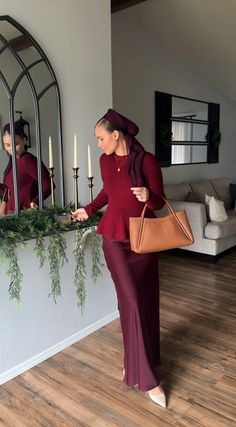 Winter chery red burgundy maxi satin skirt modest fashion outfit newbella handbag knit peplum sweater top slingback marc fisher pumps suihe gold accessories