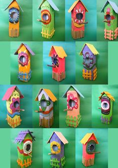 many colorful bird houses with different designs on them