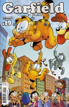 garfield the cat is flying through the air with other cartoon characters around him and his friends