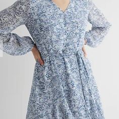 Dainty Floral Print V-Neck Button Front Long Sleeves Floral Print Lined Tie Waist Straight Hem Above The Knee Length: 34" Polyester Express Dresses, Above The Knee, Knee Length, Floral Prints, V Neck, Blue And White, Mini Dress, White, Long Sleeve