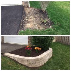 before and after pictures of landscaping in front of a house with flowers growing out of the flower bed