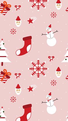 a pink background with snowmen and christmas trees