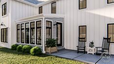 an artist's rendering of a white house with black windows and chairs on the front lawn