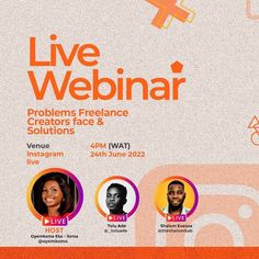 the poster for live webinar shows three people in front of an orange background