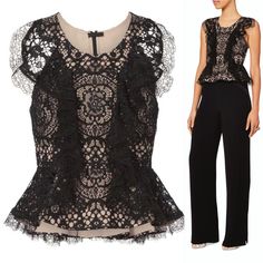 Alexis Top Black Lace Pattern Ruffle Embellishment Sleeveless With Scoop Neck Concealed Zip Closure At Back Details Size Guide Bust: 28" Waist: 26" Length: 21" Fabric: 49% Rayon, 38% Nylon, 13% Cotton; Lining 95% Polyester, 5% Spandex Inv. #2212-A Fitted Sleeveless Lace Top For Night Out, Elegant Sleeveless Tops For Cocktail, Sleeveless Lace Top For Evening, Formal Sleeveless Embellished Top, Elegant Sleeveless Lace Top For Evening, Lace Sleeveless Top For Evening, Glamorous Lace Tops For Evening, Glamorous Evening Lace Tops, Glamorous Sleeveless Formal Top