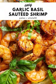 garlic basil sauteed shrimp on top of rice and garnished with herbs