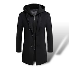 Men’s Long Warm Wool Hooded Trench Coat Single Breasted Overcoat Outerwear Size L Chest Ptp 42” Length 41” Sleeves 18” Detachable Windproof Hood To Warm Your Head On Cold Days Soft, Thick, Warm Especially On Cold Days Solid Color Black 2 Side Pockets 2 Theft Proof Inner Pockets, 3 Button Sleeves Quilted Lining, Back Walking Sitting Split Business Casual, Work, Travel, Vacation, Casual Outdoor Activities New With Tags Attached To Shipping Bag With Barcode As Shown In Pictures Estilo Rockstar, Dinner Jackets, Tweed Overcoat, Overcoat Men, Slim Fit Coat, Men Coats, Men Tracksuit, Wool Winter Coat, Wool Overcoat