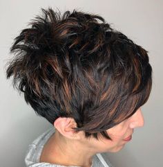 Highlights For Short Dark Hair, Short Pixie With Highlights, Short Messy Hair Choppy Pixie Cuts, Short Pixie Haircuts For Thick Hair, Short And Sassy Hair, Under Cut Pixie, Assymetrical Hair, Pixie Cut With Highlights, Black Pixie