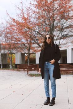 Fall Favorites - cozy and affordable sweater - Lilly Style Dark Denim Mom Jeans Outfit, Women’s Outfits With Chelsea Boots, Light Jeans Black Boots Outfit, Dr Martens Black Boots Outfit, Womens Clogs Outfit, Black Top And Jeans Outfit Fall, Womens Outfits With Boots, Winter Sneaker Outfit, Classic Doc Martens Outfit