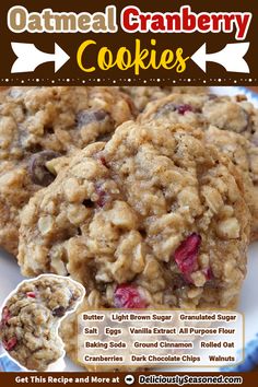 an advertisement for oatmeal cranberry cookies on a blue and white plate